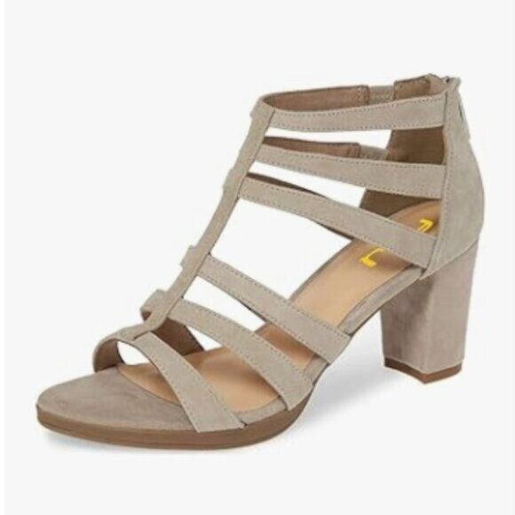 FSJ Grey Chunky High Heel Sandals Open Toe T-Strap Cutout Dress Party Prom Shoes - Picture 1 of 8